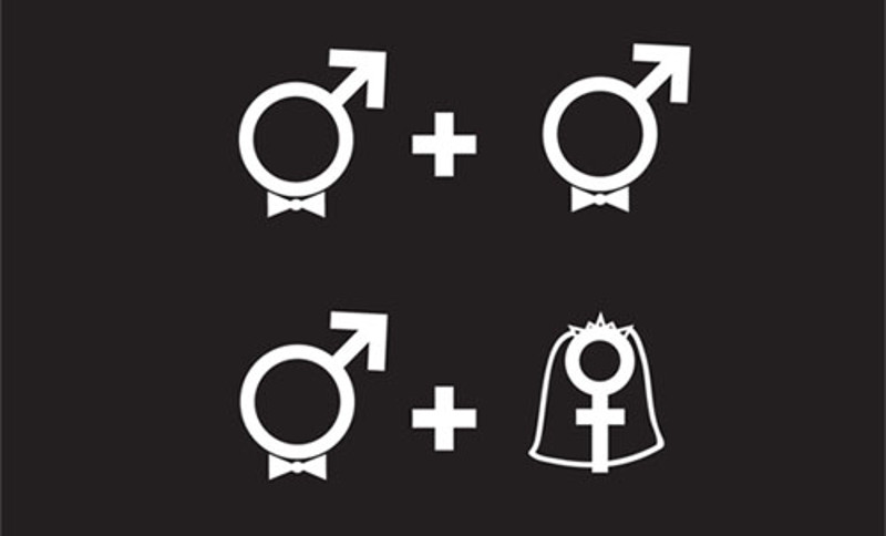 marriage equality poster with combinations of wedding themed male and female symbols in every combination