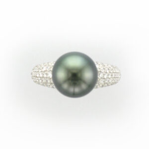 This 18 karat white gold ring has a 11 by 12 Tahitian pearl and pave with a total weight of 1.10 carats. 
