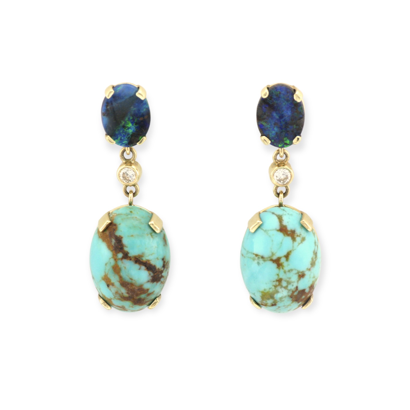 Yellow Gold Earrings with Opal, Diamond, and Turquoise