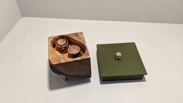 Photos of the construction and final product of a maple box for rose gold wedding rings